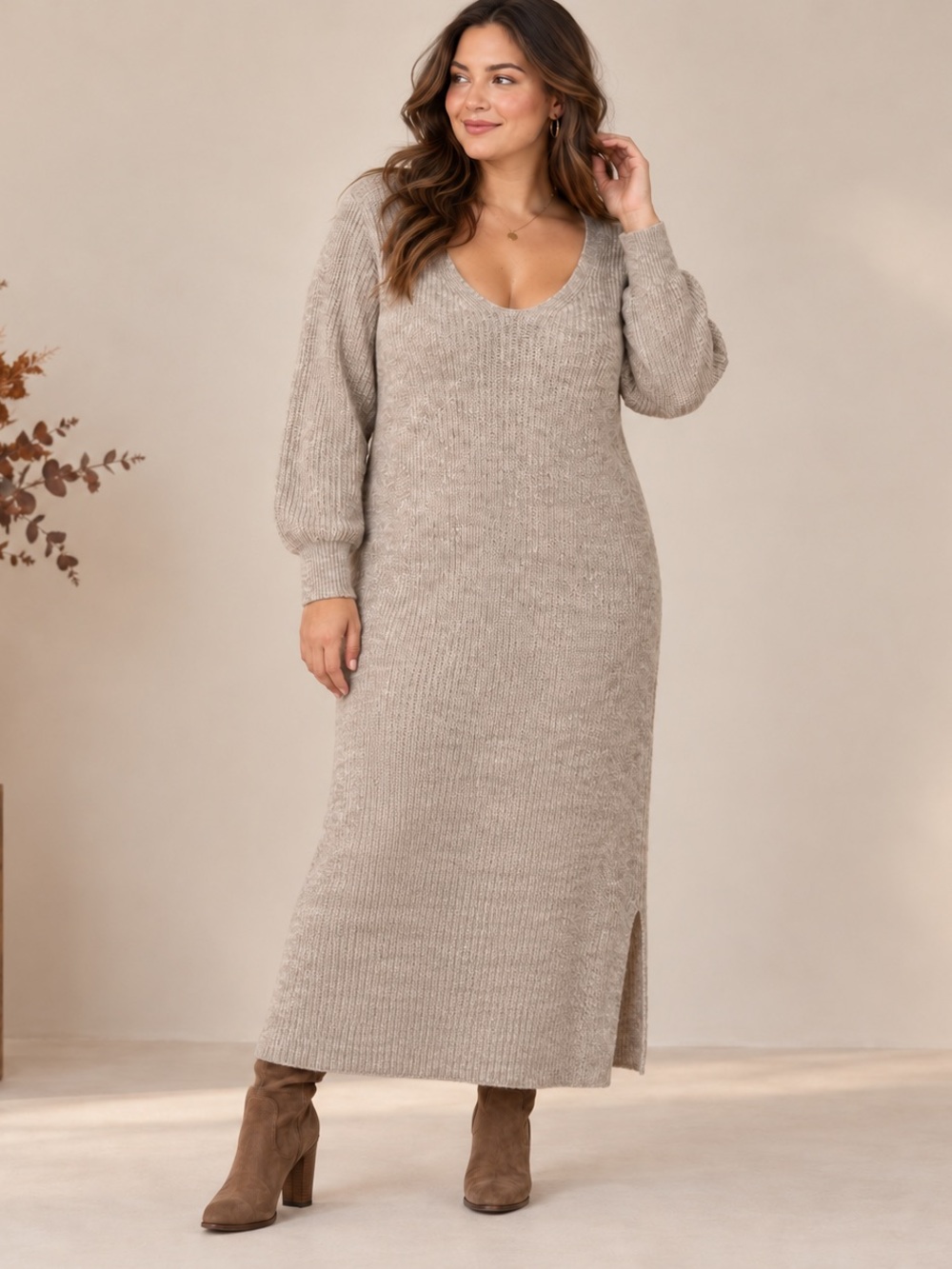 NWT Happily Grey XL Oatmeal Alpaca Blend Ribbed Sweater Dress Balloon Sleeve